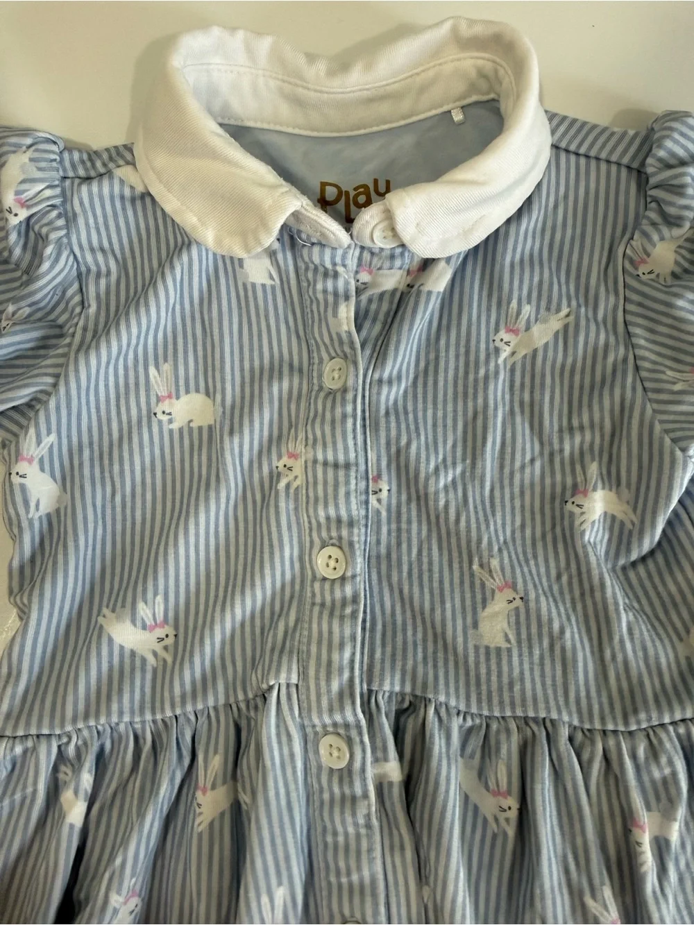 Little Sleepies Blue Striped Bunny Print Dress with White Collar